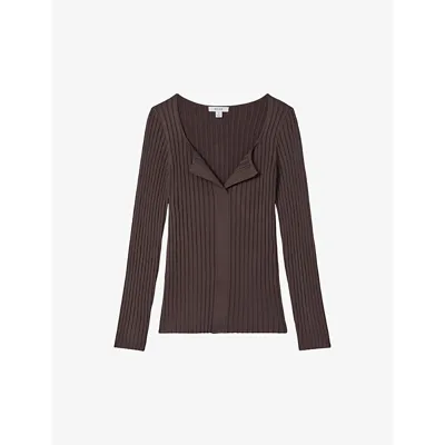 Reiss Burgundy Monica Ribbed Open Collar Top