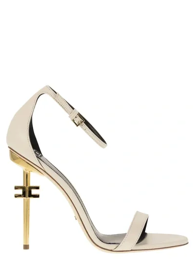 Elisabetta Franchi Leather Sandals With Logo Heel In Beige