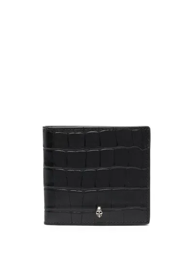 Alexander Mcqueen Croco-effect Skull Cardholder In Black