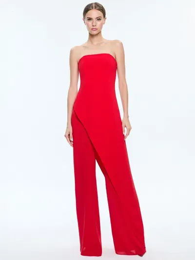 Alice And Olivia Alondra Strapless Asymmyetric Jumpsuit In Bright Ruby