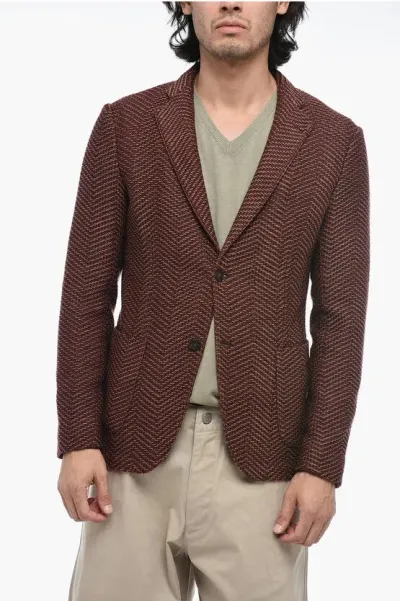 Armani Collezioni Emporio Knitted Wool Blazer With Two-toned Motif In Brown