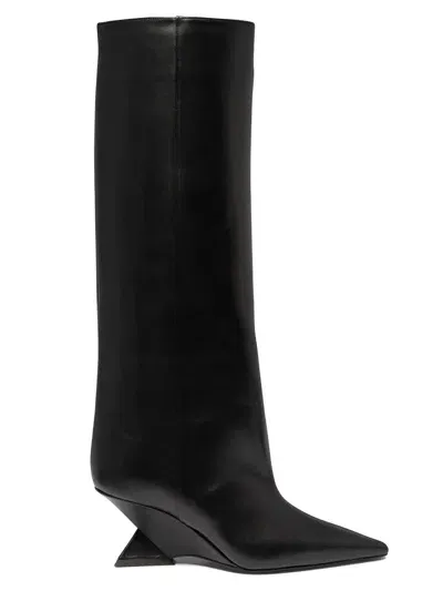 Attico Cheope Black Slip-on Tube Boots Pyramidal Wedge In Leather Woman