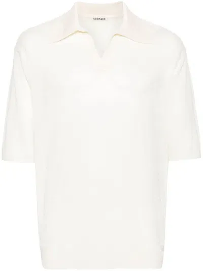 Auralee Wool And Silk Blend Polo Shirt In White