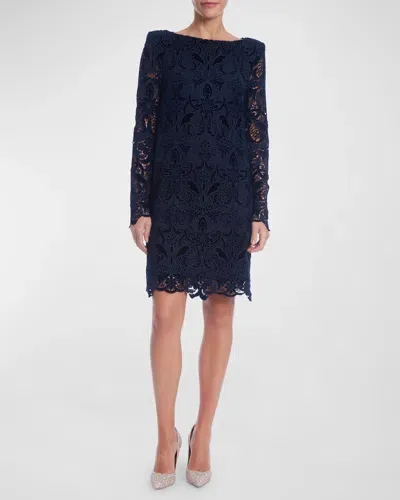 Badgley Mischka Bateau-neck Floral Velvet Lace Dress In Navy