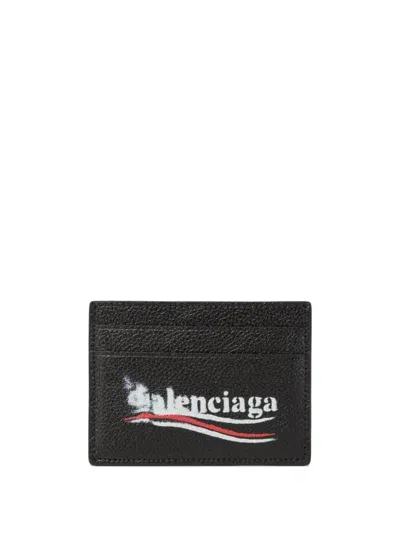 Balenciaga Smudged Logo-print Leather Cardholder In Black