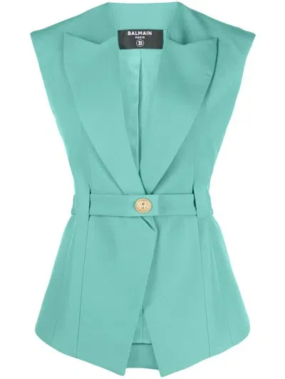 Balmain Sleeveless Belted Wool Jacket In Blue