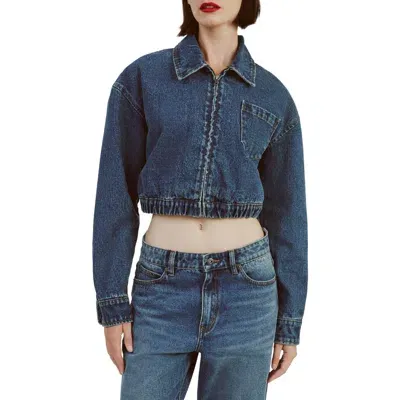 Bardot Crop Denim Bomber Jacket In Washed Indigo