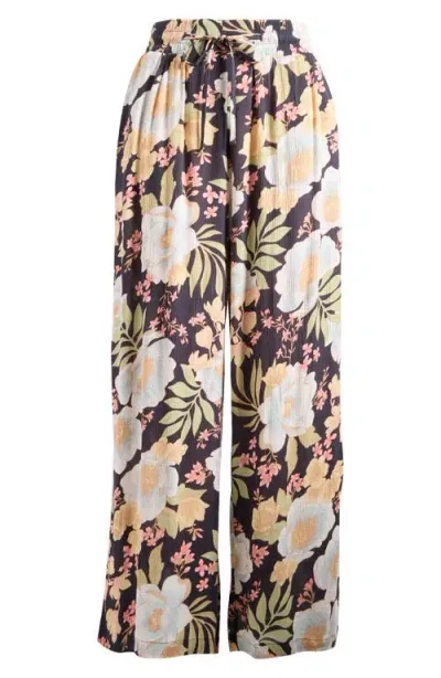 Billabong Sun Rays Floral Drawstring Wide Leg Pants In Black Sands