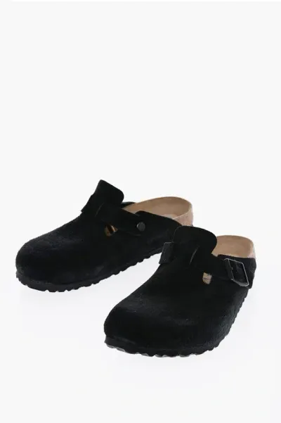 Birkenstock Suede Boston Sabot With Strap In Black