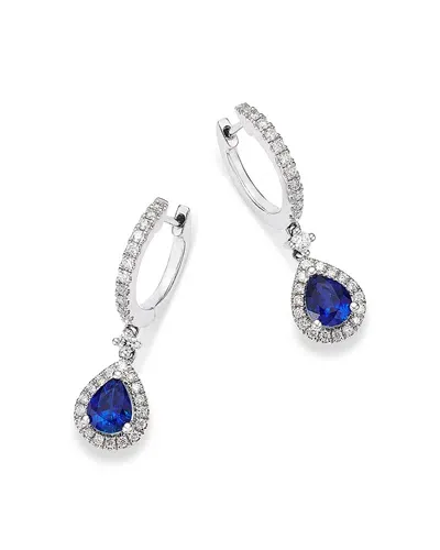 Bloomingdale's Fine Collection Blue Sapphire & Diamond Pear Halo Dangle Hoop Drop Earrings In 14k White Gold In Blue/white