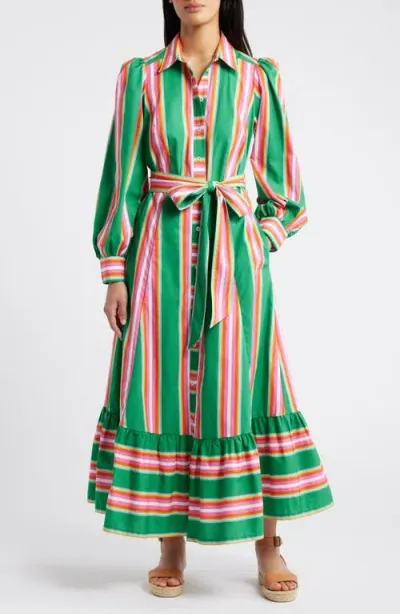 Boden Long Sleeve Tie Belt Midi Shirtdress In Green Tambourine And Pink