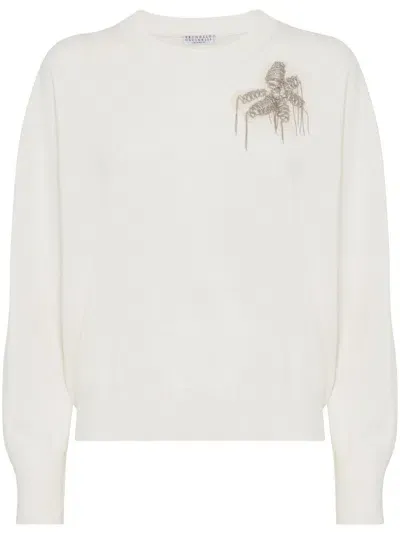 Brunello Cucinelli Cashmere Sweater With Embroidery In Neutral