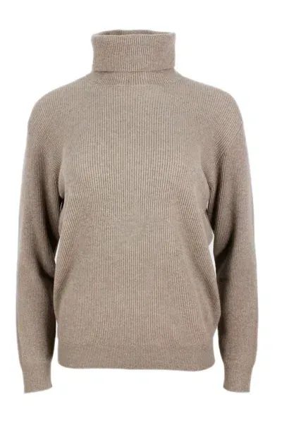 Brunello Cucinelli Embellished Collar Cashmere Turtleneck In Tobacco