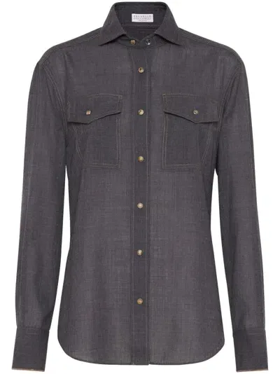 Brunello Cucinelli Monili-trim Virgin Wool Shirt In Grey