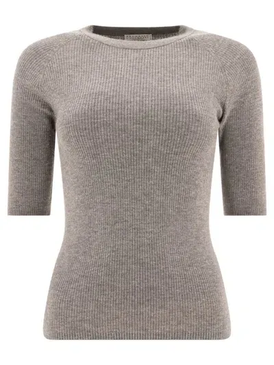 Brunello Cucinelli Ribbed Cashmere Sparling Sweater In Grey