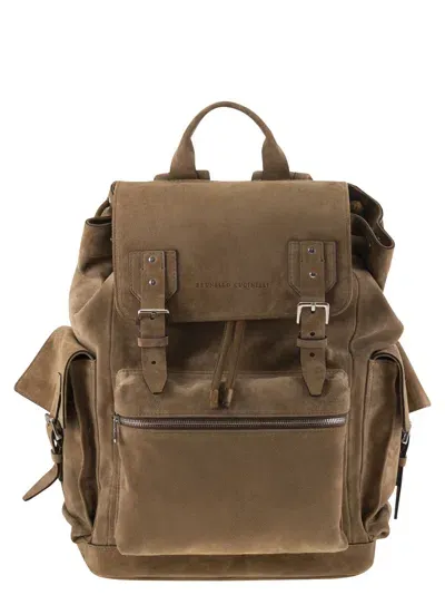 Brunello Cucinelli Suede City Backpack In Beige