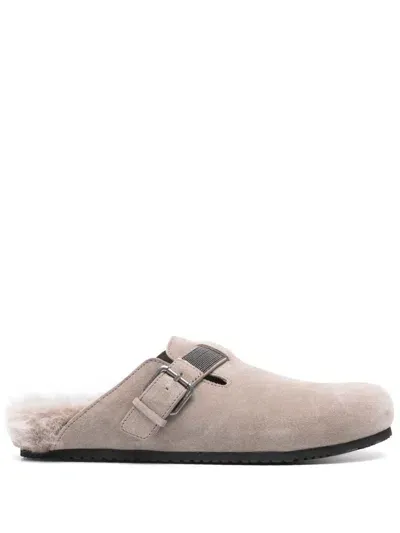 Brunello Cucinelli Suede Clogs In Nude & Neutrals