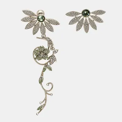 Pre-owned Burberry Half Daisy Crystal Silver Tone Clip-on Asymmetric Stud Drop Earrings In Green