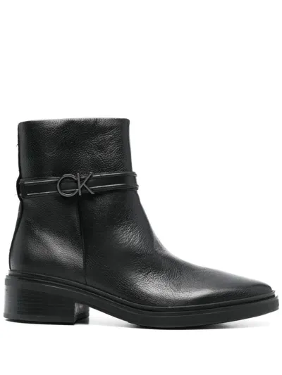 Calvin Klein Leather Ankle Boots In Black