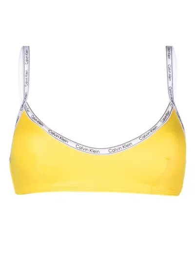 Calvin Klein Logo-print Strap Bikini Top In Yellow