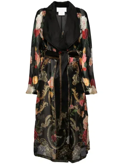 Camilla Floral-print Silk Coat In Black