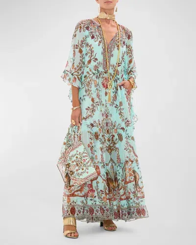 Camilla Wide-sleeve Gathered Silk Maxi Dress In Weaving Worlds