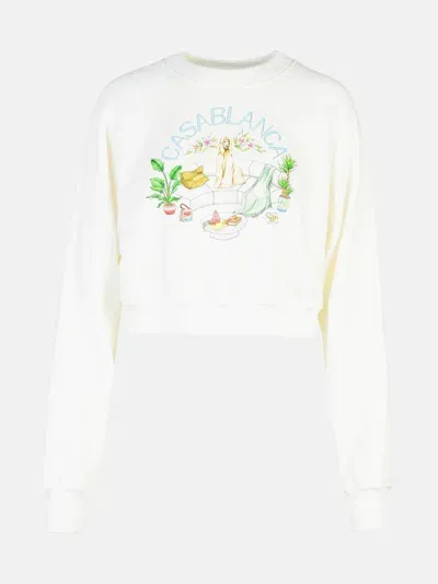 Casablanca Appartement Dans Les Airs Cropped Sweatshirt In White