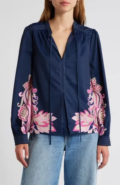 Ciebon Rue Border Print Tunic Top In Navy/magenta Multi