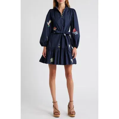 Ciebon Savannah Embroidered Long Sleeve Cotton Dress In Navy