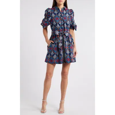 Ciebon Scarlette Embroidered Tie Waist Minidress In Navy Multi