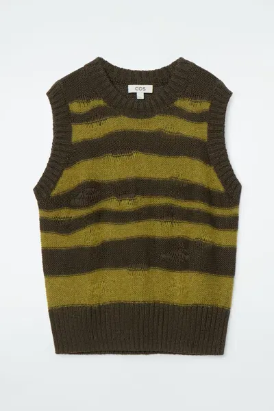 Cos Distressed Striped Knitted Vest In Green