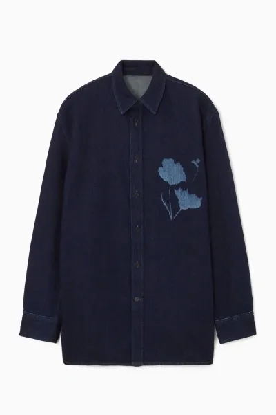 Cos Laser Floral-print Denim Shirt In Blue