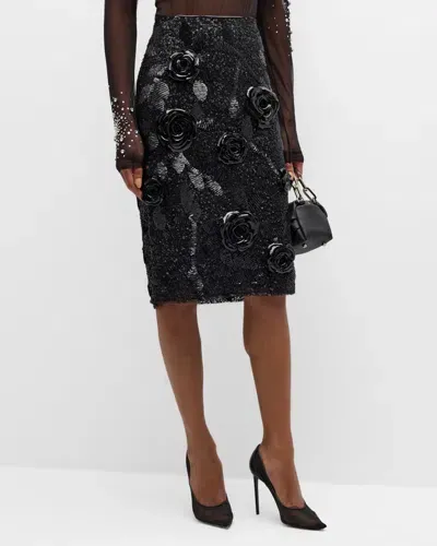 Des Phemmes Sequined Floral Pencil Skirt In Black