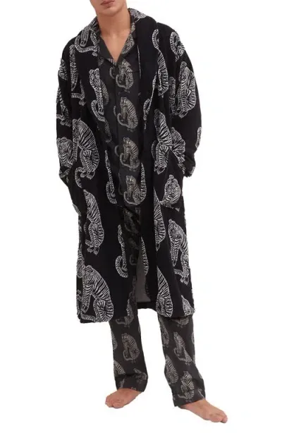 Desmond & Dempsey Print Cotton Terry Cloth Robe In Black/cream