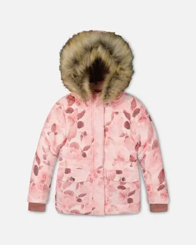 Deux Par Deux Kids'  Girl's Puffy Jacket Printed Rose Petals In Printed Tonal Roses