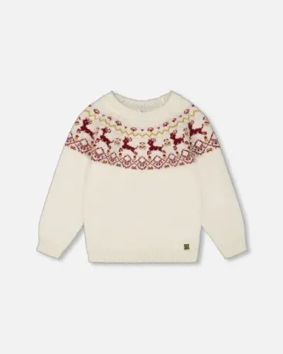 Deux Par Deux Kids'  Girl's Sweater With Christmas Intarsia Off White And Red