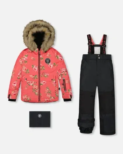 Deux Par Deux Kids'  Girl's Two Piece Snowsuit Black Printed Coral Flowers In Anthracite