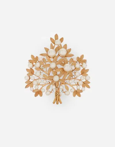 Dolce & Gabbana Brooch With Branches, Leaves And Dg Logo In Gold