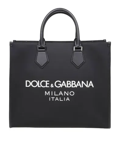 Dolce & Gabbana Shopping Bag In Tessuto Con Logo Gommato In Black