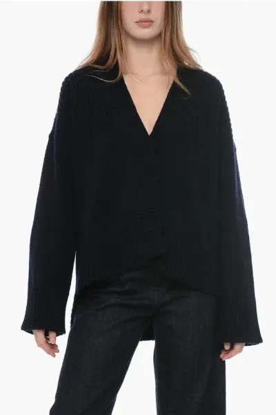 Dondup Wool And Cashmere V-neck Cardigan With Asymmetrical Hem