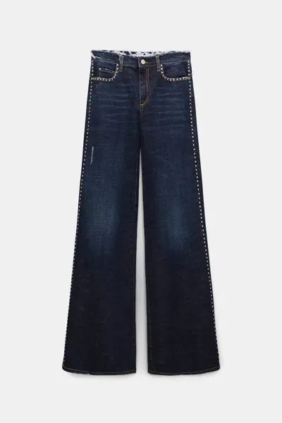 Dorothee Schumacher Studded Wide Leg Jeans With Frayed Waistband In Blue