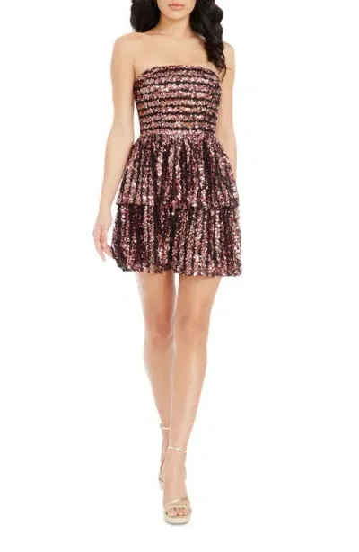 Dress The Population Callie Sequin Stripe Strapless Minidress In Raspberry Multi