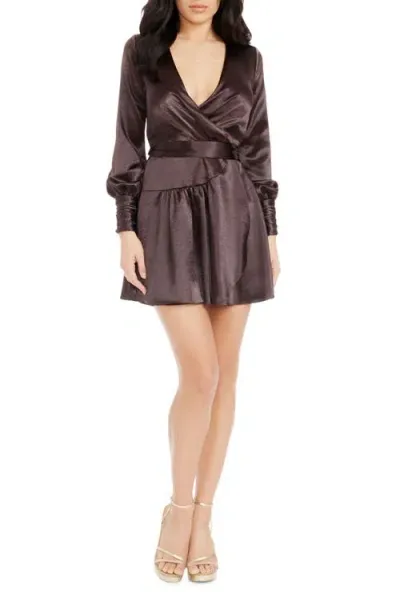 Dress The Population Darla Wrap Front Long Sleeve Satin Minidress In Mocha