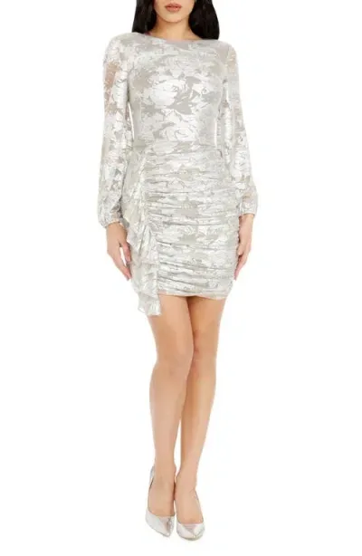 Dress The Population Kat Metallic Floral Long Sleeve Cocktail Minidress In Silver Multi