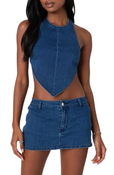 Edikted Sydnie Open Back Denim Halter Top In Dark-blue