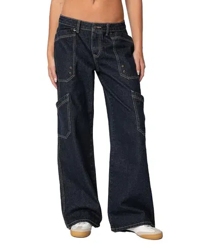 Edikted Xana Low Rise Carpenter Jeans In Indigo Blue Raw Washed