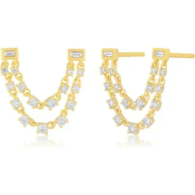 Ef Collection Diamond Chain Double Stud Earrings In Gold