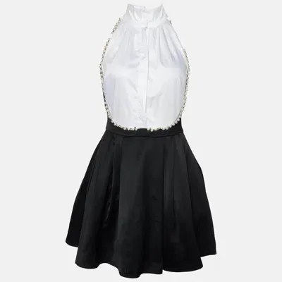 Pre-owned Elisabetta Franchi White/black Embellished Pleated Mini Dress L