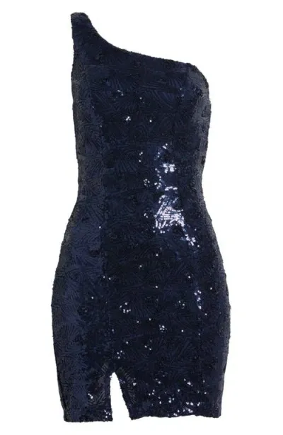 Emerald Sundae Sequin One-shoulder Cocktail Minidress In Navy