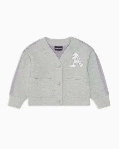 Emporio Armani Kids' Cardigan-style Oversized Sweatshirt In Jersey With V Neck And “a” Patch In Gray